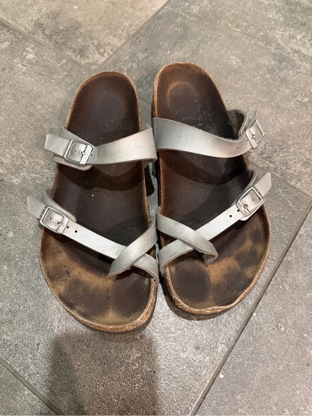 Birkenstock Silver Double-Strap Leather Sandals